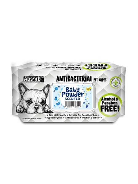 Absorb Plus Antibacterial Dog Wipes Baby Powder .. for sensitive skin also