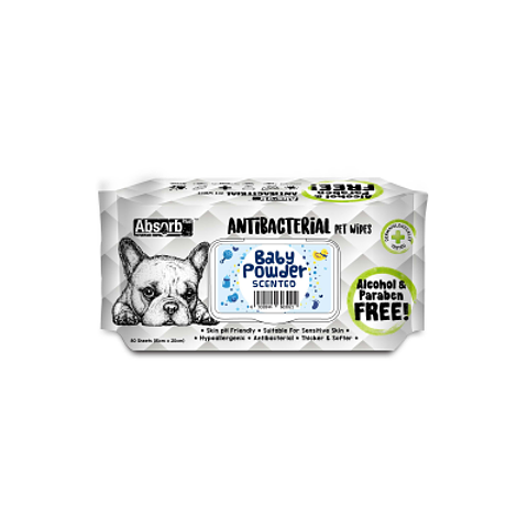 Absorb Plus Antibacterial Dog Wipes Baby Powder .. for sensitive skin also